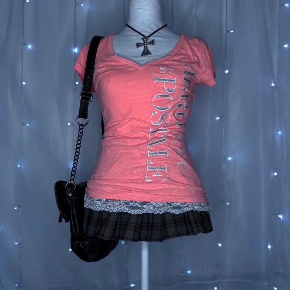 Coral Graphic Tee with Black Crossbody Bag